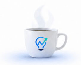 Steaming coffee mug with Next Idea Up logo
